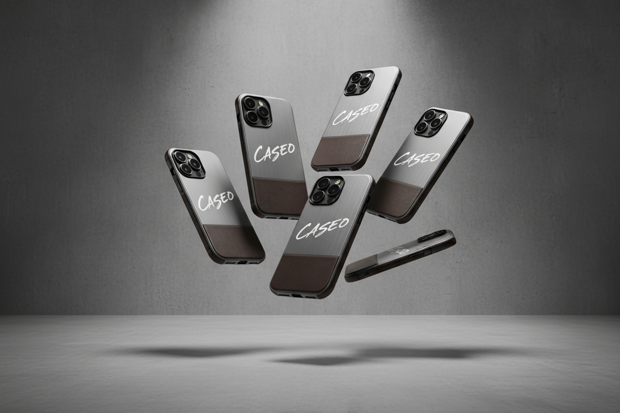 Multiple floating iPhone 17 Pro devices with premium phone cases, each displaying "CASEO" written in elegant brush script lettering on the cases. 3-5 iPhones hovering at different heights and angles in mid-air against a glossy polished concrete wall background. Each phone casts realistic drop shadows on the shiny concrete surface below. Dynamic composition with phones arranged in an artistic floating pattern. Studio lighting with dramatic highlights on the glossy concrete texture. The concrete wall has a re